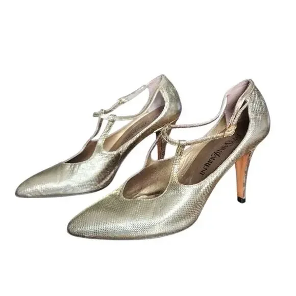 Vintage YSL Gold Metallic Python Embossed Leather Stiletto Mary Jane Pumps 7.5M - Picture 1 of 8